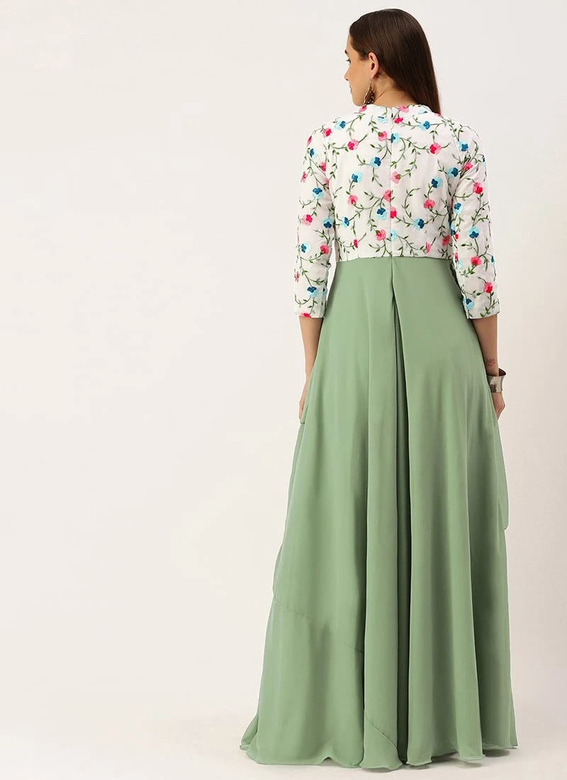 White Georgette N Green Pleated Gown Festive Wear 4 White Georgette N Green Pleated Gown Festive Wear - Image 4