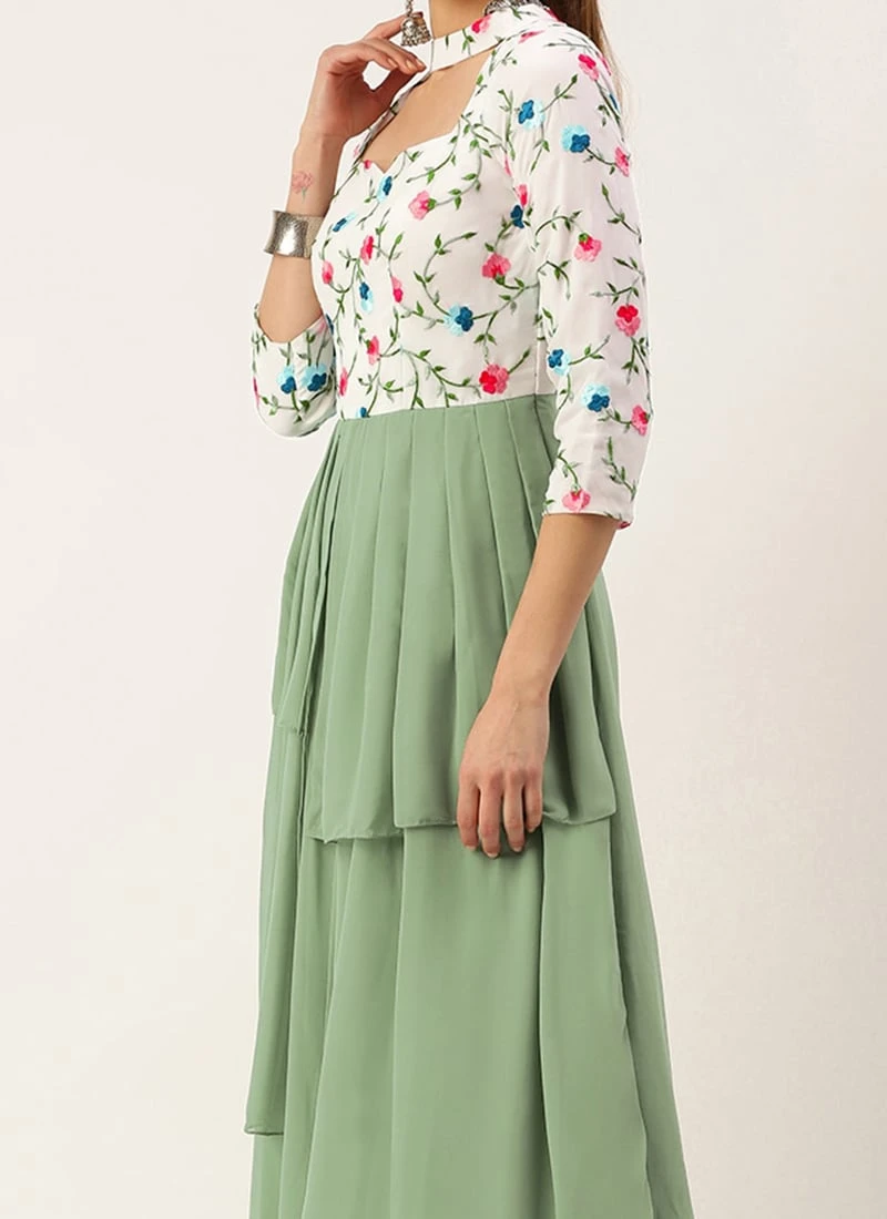 White Georgette N Green Pleated Gown Festive Wear 1 White Georgette N Green Pleated Gown Festive Wear