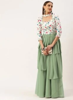 White Georgette N Green Pleated Gown Festive Wear 10 White Georgette N Green Pleated Gown Festive Wear -Deals Chic Lehenga Store White Georgette N Green Pleated Gown IWBS02210982 u