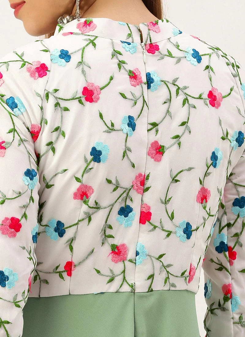 White Georgette N Green Pleated Gown Festive Wear 6 White Georgette N Green Pleated Gown Festive Wear - Image 6