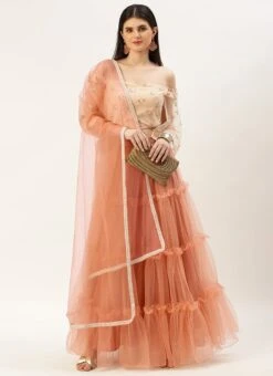 Skirt From White Sequins N Peach Net Tiered Lehenga After Six Wear -Deals Chic Lehenga Store White Sequins N Peach Net Tiered Lehenga GHBS02212562 u