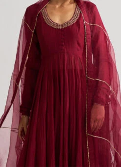 Wine Chanderi Silk Zari N Gota Work Anarkali Suit Wedding Wear