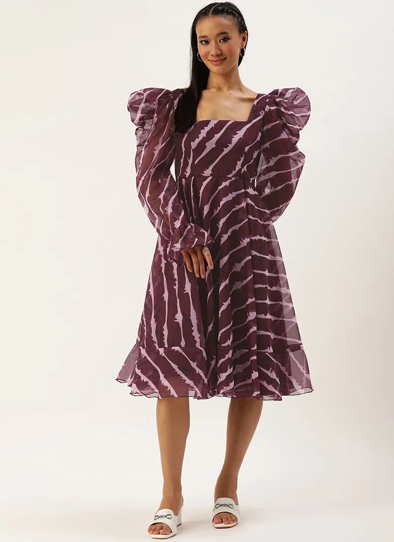 Wine Digital Printed Organza Dress Party Wear 3 Wine Digital Printed Organza Dress Party Wear - Image 3
