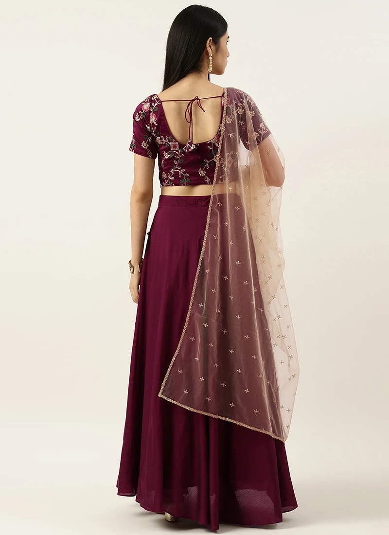 Wine Embroidered Low Neck Lehenga Festive Wear 4 Wine Embroidered Low Neck Lehenga Festive Wear - Image 4