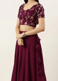 Wine Embroidered Low Neck Lehenga Festive Wear