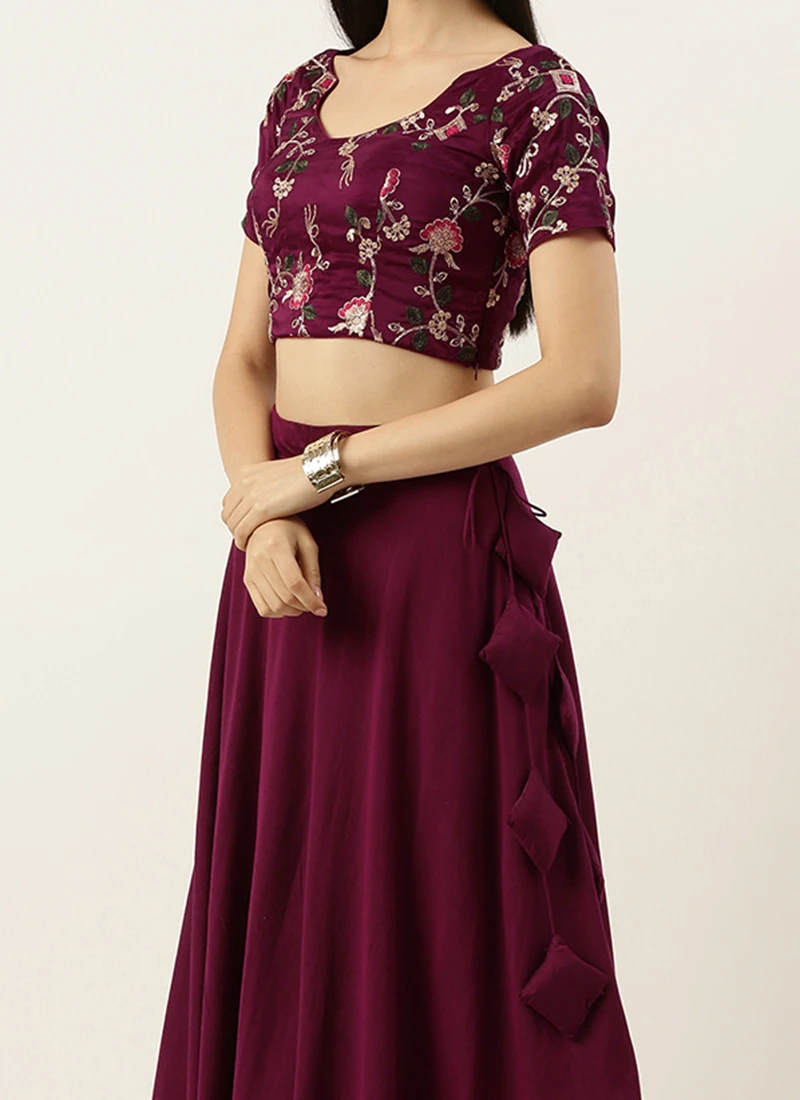 Wine Embroidered Low Neck Lehenga Festive Wear 1 Wine Embroidered Low Neck Lehenga Festive Wear