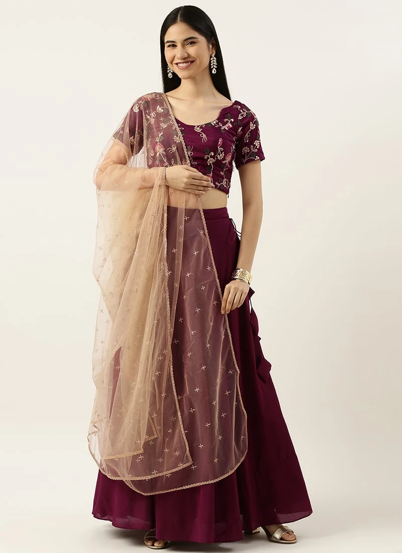 Wine Embroidered Low Neck Lehenga Festive Wear 3 Wine Embroidered Low Neck Lehenga Festive Wear - Image 3