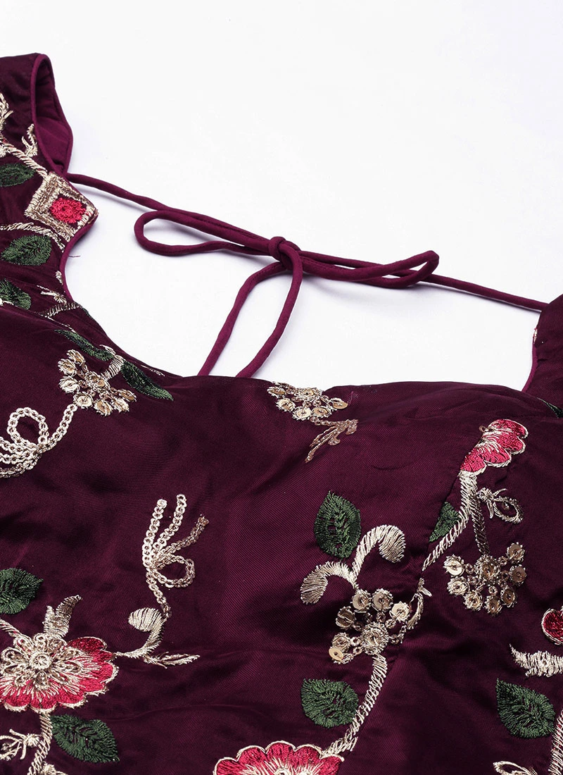 Wine Embroidered Low Neck Lehenga Festive Wear 5 Wine Embroidered Low Neck Lehenga Festive Wear - Image 5
