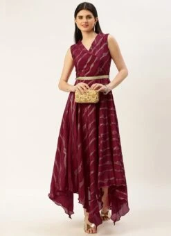 Wine Foil Printed Chinon Maxi Dress Festive Wear -Deals Chic Lehenga Store Wine Foil Printed Chinon Maxi Dress DRBS02211200 u
