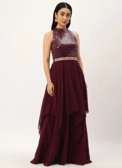 Wine Georgette Embroidered Handkerchief Gown Festive Wear -Deals Chic Lehenga Store Wine Georgette Embroidered Handkerchief Gown IWBS02302171 u