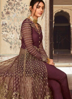 Wine Net Sequins Anarkali Suit Wedding Wear
