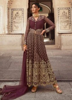 Wine Net Sequins Anarkali Suit Wedding Wear -Deals Chic Lehenga Store Wine Net Sequins Anarkali Suit SLSAK5602 u
