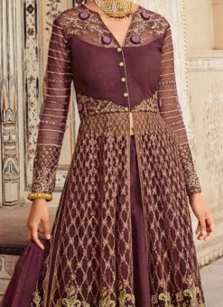 Wine Net Sequins Umbrella Lehenga Wedding Wear