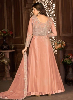 Women Peach Embroidered Net Anarkali With Dupatta Party Wear -Deals Chic Lehenga Store Women Peach Embroidered Net Anarkali With Dupatta SLSDI8397P b