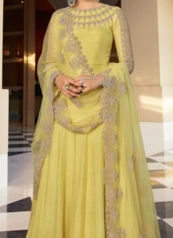 Yellow Banarasi Art Silk Embroidered N Stones Anarkali Suit Wedding Wear