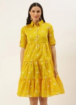 Yellow Chanderi Cotton Tiered Dress Festive Wear -Deals Chic Lehenga Store Yellow Chanderi Cotton Tiered Dress DRBS02205872 u