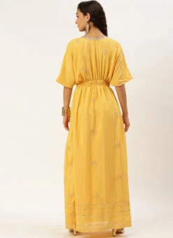 Yellow Chinon Kaftan Dress Festive Wear -Deals Chic Lehenga Store Yellow Chinon Kaftan Dress DRBS02204754 b