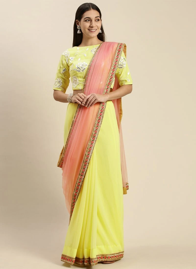 Yellow Embroidered Blouse N Peach Half N Half Saree Party Wear 3 Yellow Embroidered Blouse N Peach Half N Half Saree Party Wear - Image 3