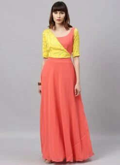 Yellow Embroidered N Peach Overlapping Style Gown Party Wear -Deals Chic Lehenga Store Yellow Embroidered N Peach Overlapping Style Gown IWBS02004315 u
