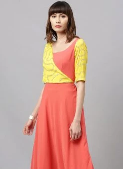 Yellow Embroidered N Peach Overlapping Style Gown Party Wear -Deals Chic Lehenga Store Yellow Embroidered N Peach Overlapping Style Gown IWBS02004315 rrc4