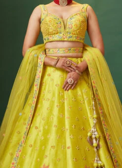 Yellow Embroidered And Hand Work Art Silk Umbrella Lehenga Wedding Wear