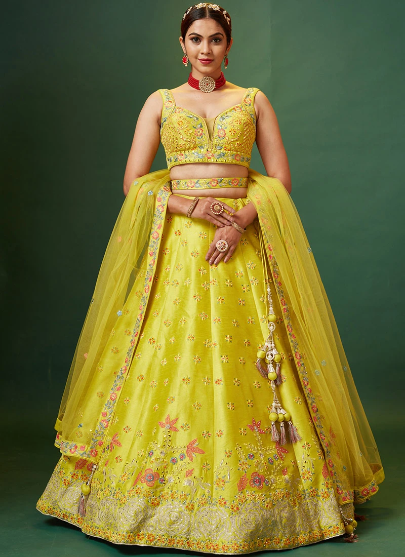 Yellow Embroidered And Hand Work Art Silk Umbrella Lehenga Wedding Wear 3 Yellow Embroidered And Hand Work Art Silk Umbrella Lehenga Wedding Wear - Image 3