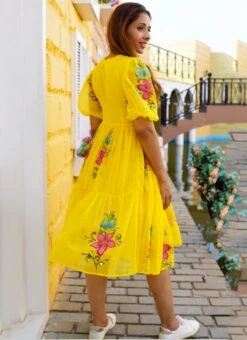 Yellow Faux Chiffon Digital Print Fit And Flare Dress After Six Wear -Deals Chic Lehenga Store Yellow Faux Chiffon Digital Print Fit And Flare Dress DRSSUF1306 b