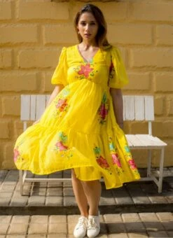Yellow Faux Chiffon Digital Print Fit And Flare Dress After Six Wear -Deals Chic Lehenga Store Yellow Faux Chiffon Digital Print Fit And Flare Dress DRSSUF1306 u