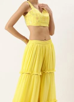 Bottom From Yellow Georgette Embroidered Crop Top N Sharara Set After Six Wear