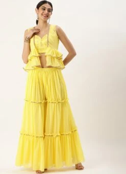 Bottom From Yellow Georgette Embroidered Crop Top N Sharara Set After Six Wear -Deals Chic Lehenga Store Yellow Georgette Embroidered Crop Top N Sharara Set IWBS02212558 u 1