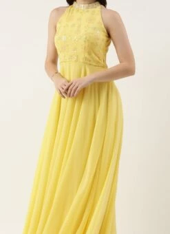 Yellow Georgette Embroidered Gown Party Wear