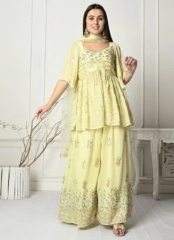 Top From Yellow Georgette Embroidered Palazzo Suit After Six Wear -Deals Chic Lehenga Store Yellow Georgette Embroidered Palazzo Suit SLBS02303903 u 2