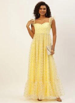 Yellow Glitter Foil Tiered Gathers Dress Party Wear 10 Yellow Glitter Foil Tiered Gathers Dress Party Wear -Deals Chic Lehenga Store Yellow Glitter Foil Tiered Gathers Dress DRBS02209691 u