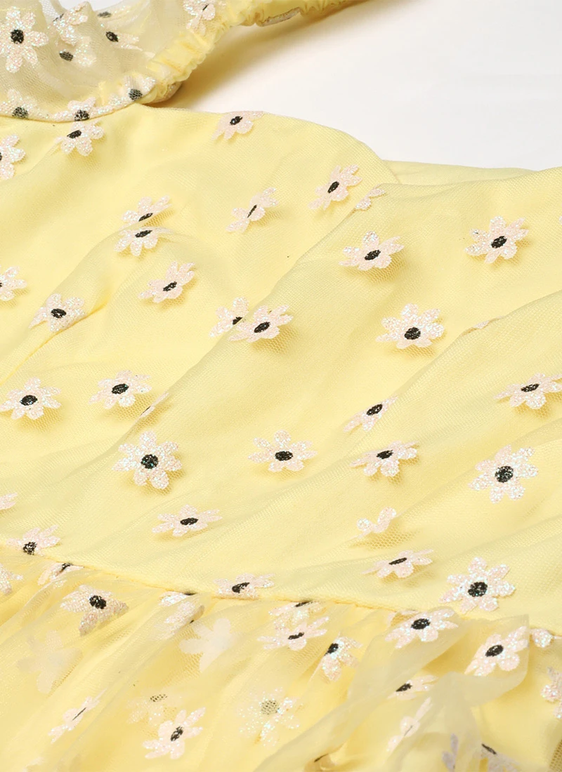 Yellow Glitter Foil Tiered Gathers Dress Party Wear 5 Yellow Glitter Foil Tiered Gathers Dress Party Wear - Image 5