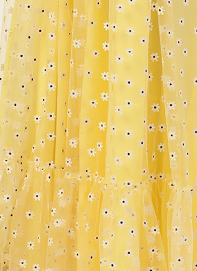 Yellow Glitter Foil Tiered Gathers Dress Party Wear 8 Yellow Glitter Foil Tiered Gathers Dress Party Wear - Image 8