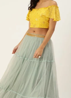 Yellow N Blue Gathered Embroidered Lehenga Festive Wear