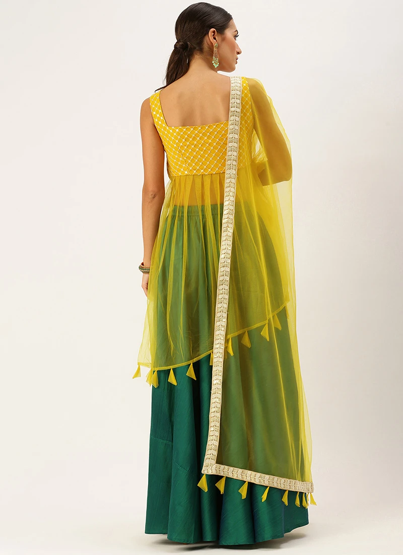 Yellow N Green Embroidered Long Choli Lehenga Festive Wear Party Wear 4 Yellow N Green Embroidered Long Choli Lehenga Festive Wear Party Wear - Image 4