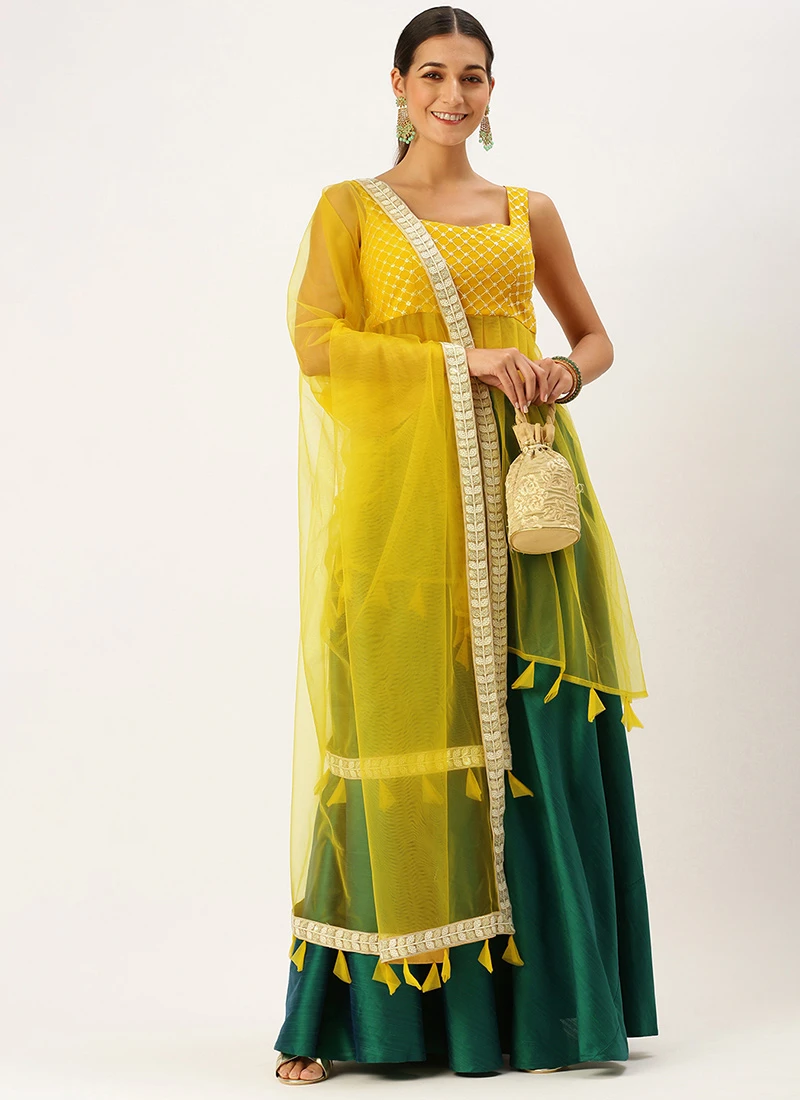 Yellow N Green Embroidered Long Choli Lehenga Festive Wear Party Wear 3 Yellow N Green Embroidered Long Choli Lehenga Festive Wear Party Wear - Image 3