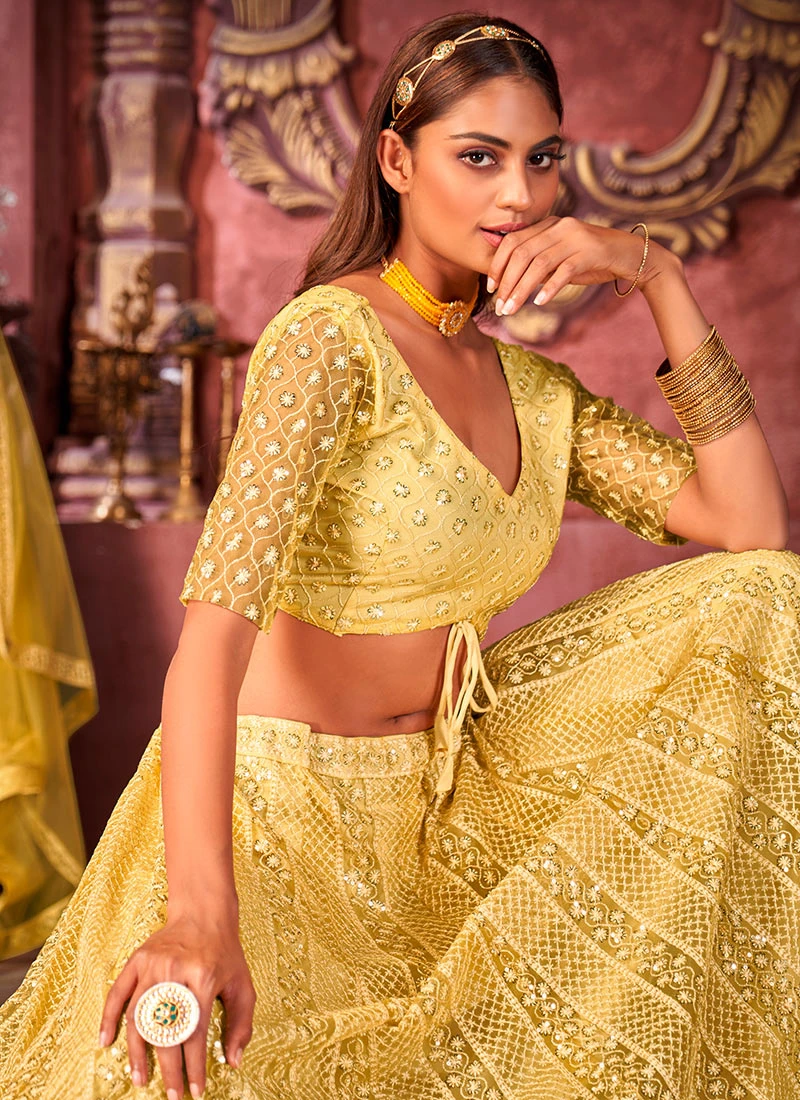 Yellow Net Embroidered And Sequins Umbrella Lehenga Party Wear 4 Yellow Net Embroidered And Sequins Umbrella Lehenga Party Wear - Image 4