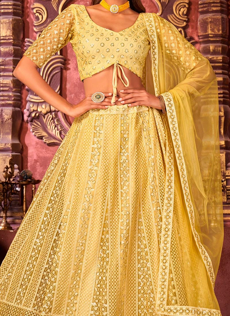 Yellow Net Embroidered And Sequins Umbrella Lehenga Party Wear 1 Yellow Net Embroidered And Sequins Umbrella Lehenga Party Wear