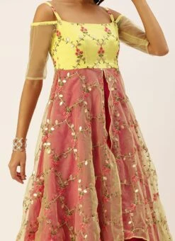Yellow Organza N Hot Pink Layered Style Gown Festive Wear