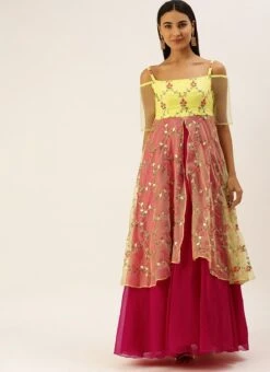 Yellow Organza N Hot Pink Layered Style Gown Festive Wear -Deals Chic Lehenga Store Yellow Organza N Hot Pink Layered Style Gown IWBS02206202 u