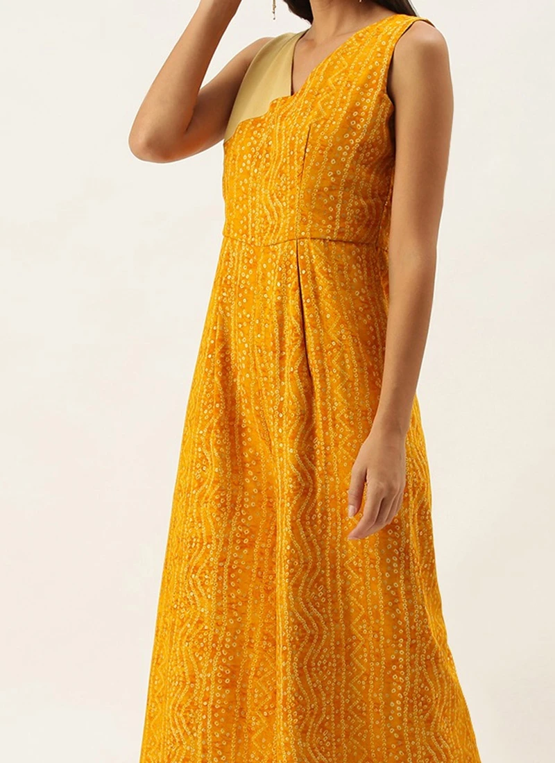 Yellow Printed Viscose Angrakha Style Jumpsuit Festive Wear 1 Yellow Printed Viscose Angrakha Style Jumpsuit Festive Wear