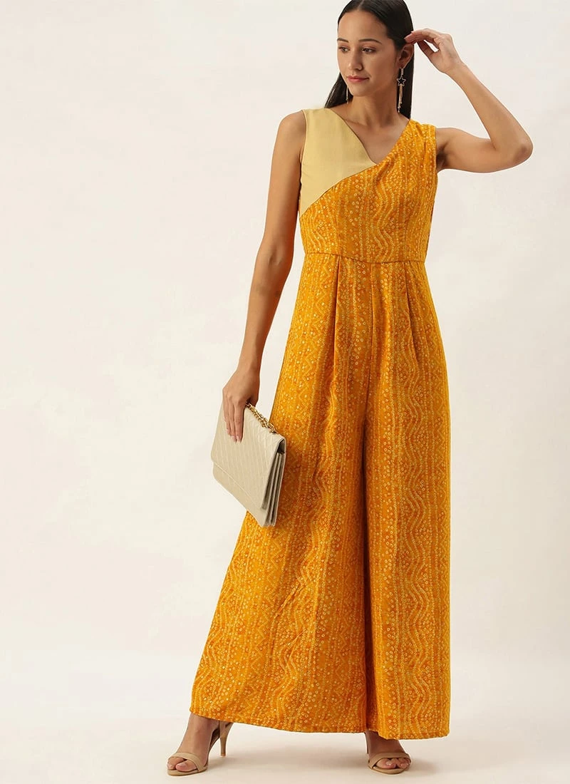 Yellow Printed Viscose Angrakha Style Jumpsuit Festive Wear 3 Yellow Printed Viscose Angrakha Style Jumpsuit Festive Wear - Image 3