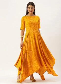 Yellow Printed Viscose Handkerchief Style Dress Festive Wear -Deals Chic Lehenga Store Yellow Printed Viscose Handkerchief Style Dress DRBS02110941 u