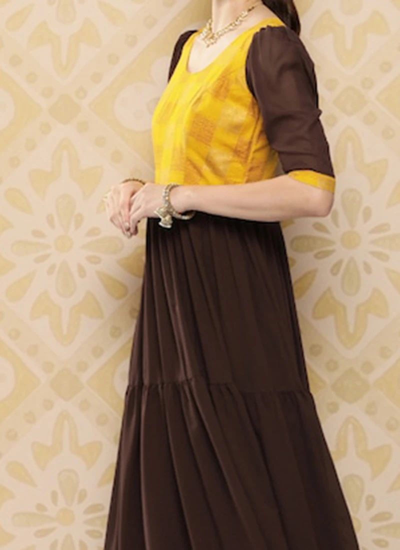 Yellow Rayon N Brown Georgette Gathers Dress After Six Wear 1 Yellow Rayon N Brown Georgette Gathers Dress After Six Wear