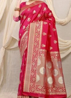 Zari Weaving Patola Silk Rani Pink Color Saree Festive Wear