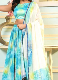 A Line Lehenga Blue Satin Silk Digital Printed Work Festive Wear