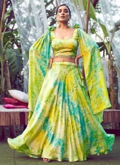 A Line Lehenga Green Satin Silk Digital Printed Work Party Wear -Deals Chic Lehenga Store a line lehenga green satin silk digital printed work ghsom272313 u