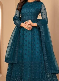 Anarkali Suit Net Rama Blue Embroidery Work Party Wear